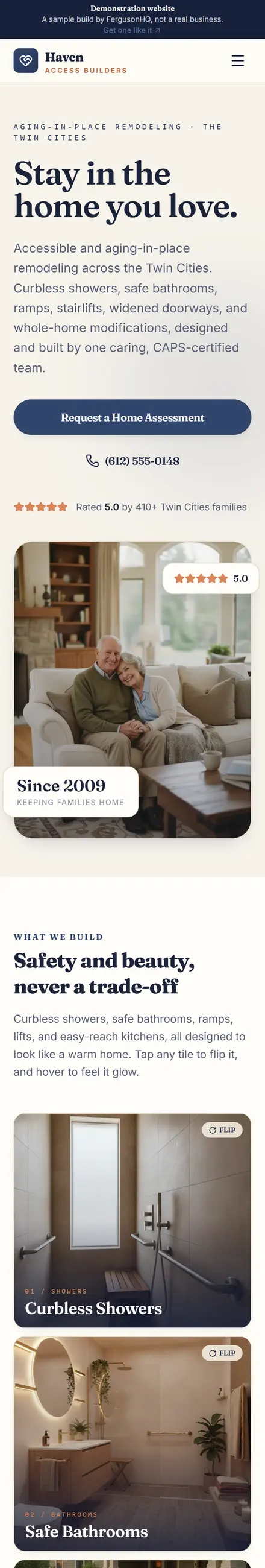Haven Access Builders website on a phone