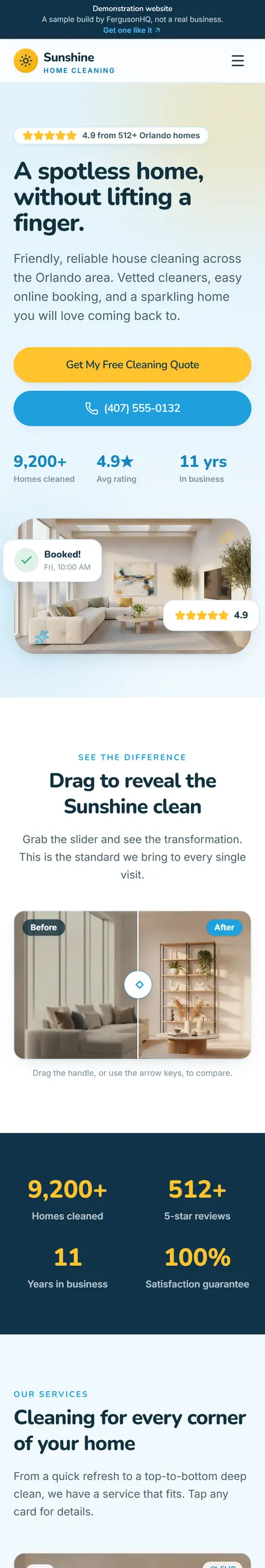 Sunshine Home Cleaning website on a phone