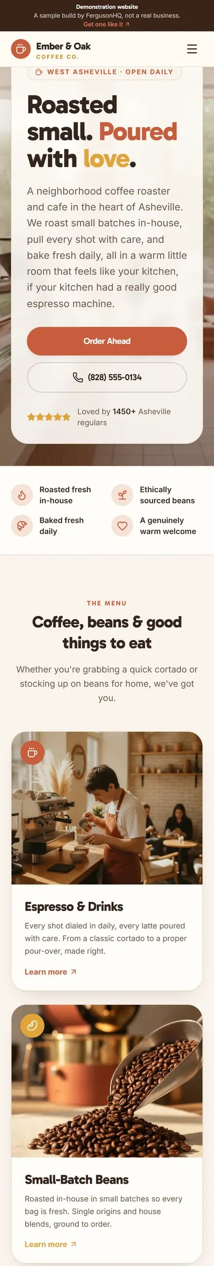Ember & Oak Coffee Co. website on a phone