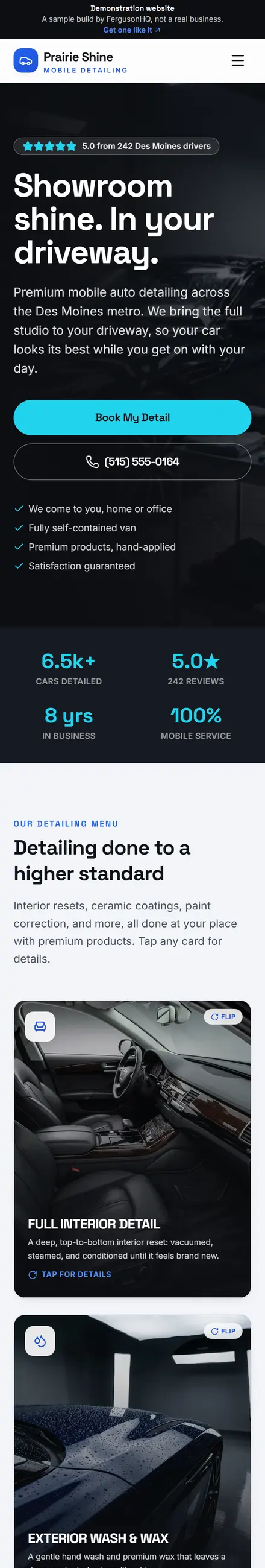 Prairie Shine Mobile Detailing website on a phone