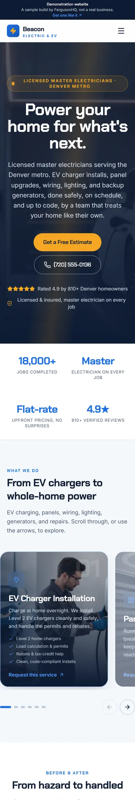 Beacon Electric & EV website on a phone