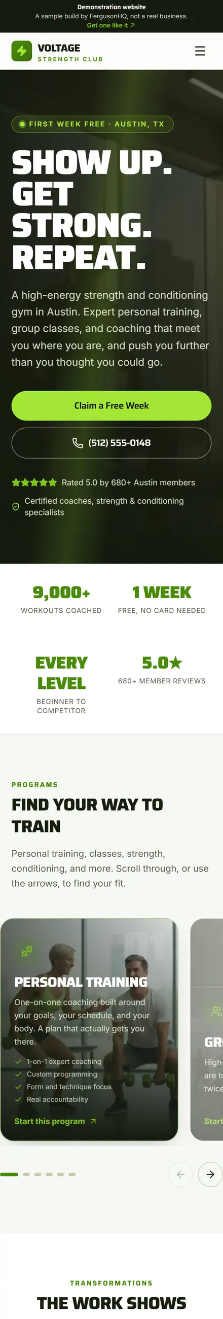 Voltage Strength Club website on a phone