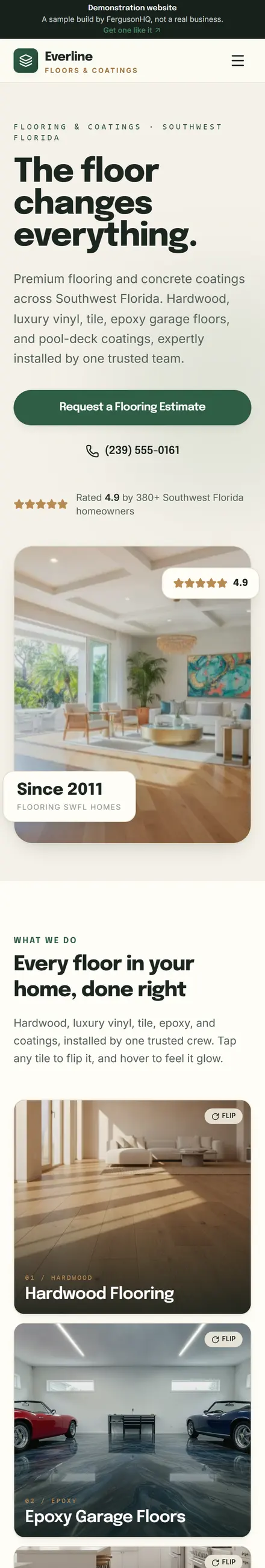 Everline Floors & Coatings website on a phone