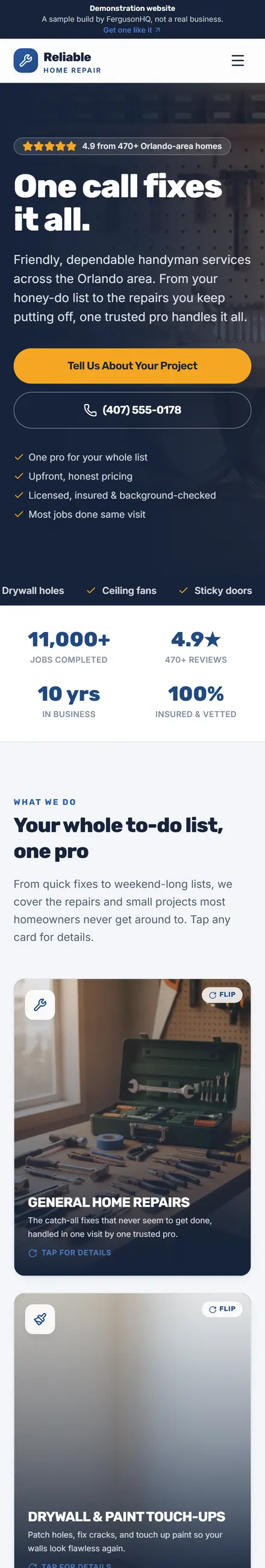 Reliable Home Repair website on a phone