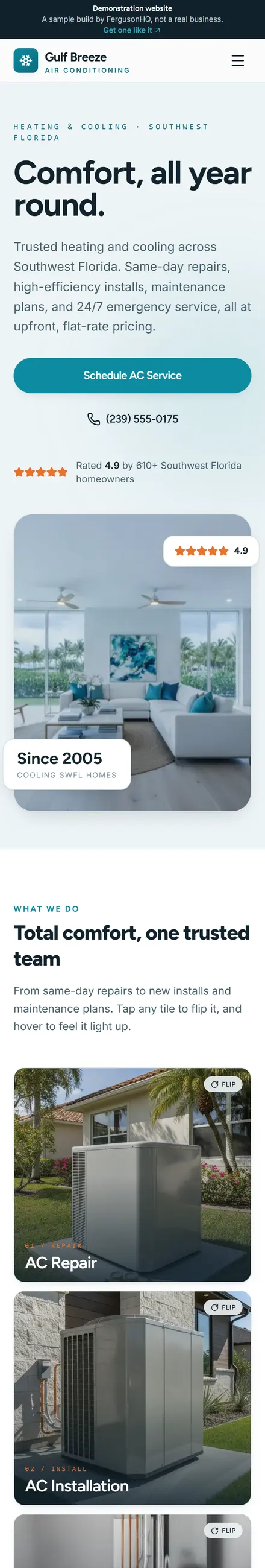 Gulf Breeze Air Conditioning website on a phone