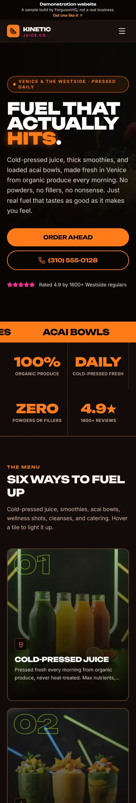 Kinetic Juice Co. website on a phone