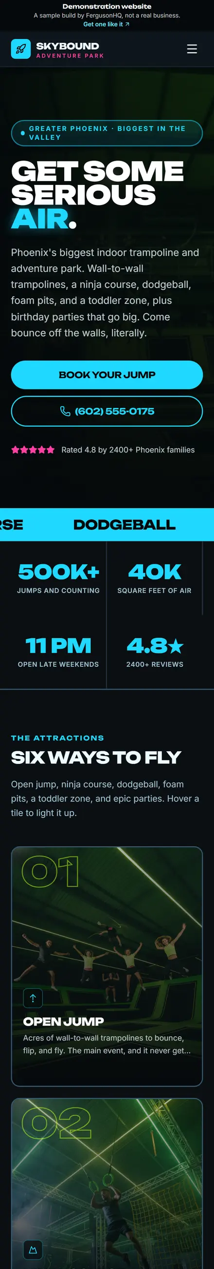 Skybound Adventure Park website on a phone
