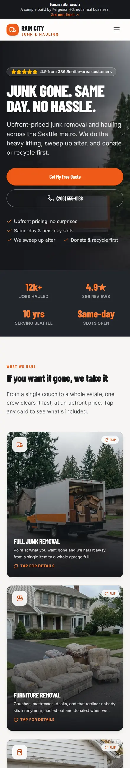 Rain City Junk & Hauling website on a phone