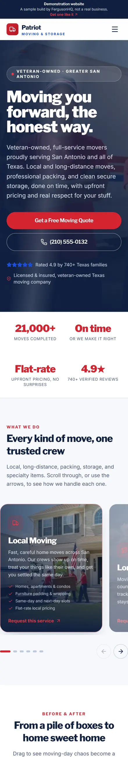 Patriot Moving & Storage website on a phone
