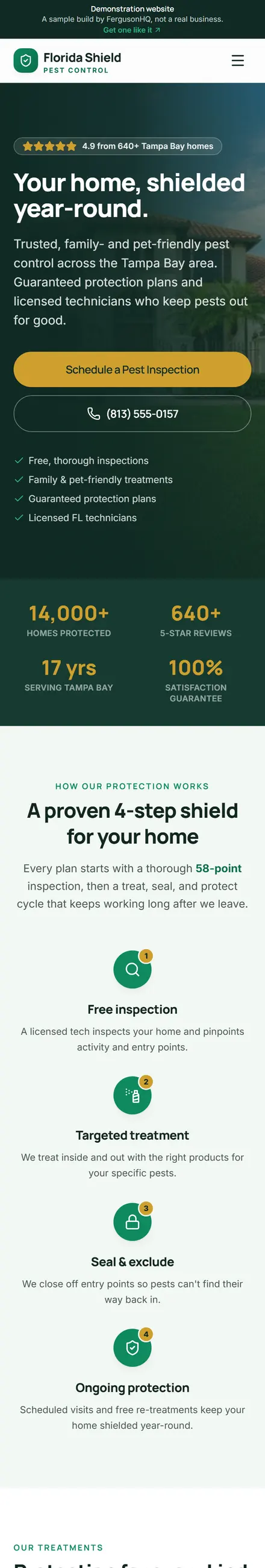 Florida Shield Pest Control website on a phone