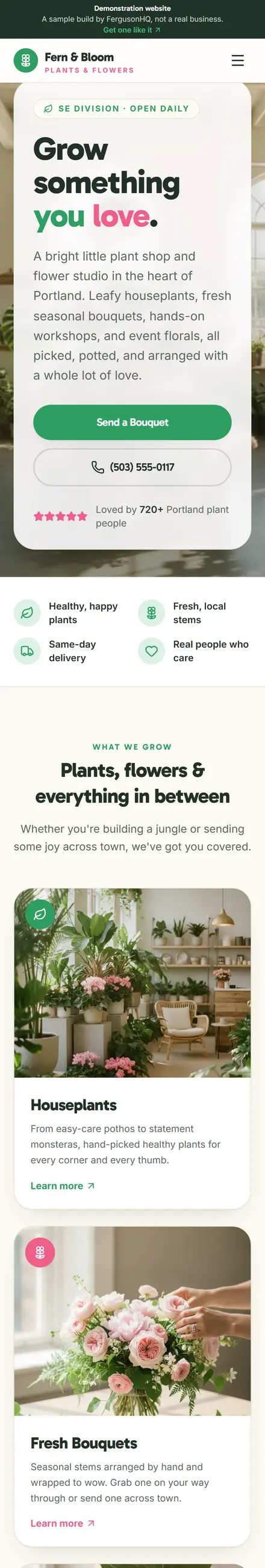 Fern & Bloom website on a phone