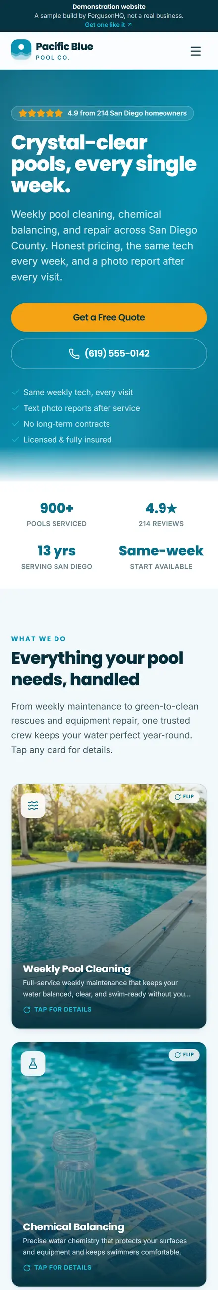Pacific Blue Pool Co. website on a phone