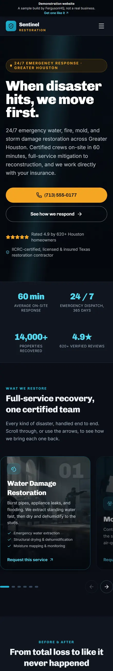 Sentinel Restoration & Recovery website on a phone