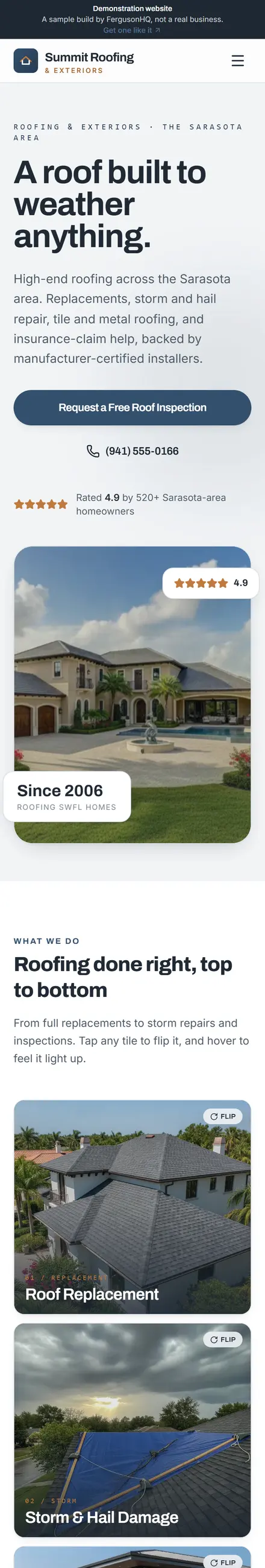 Summit Roofing & Exteriors website on a phone