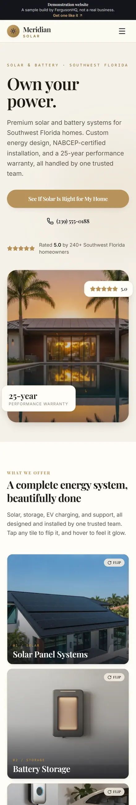 Meridian Solar website on a phone