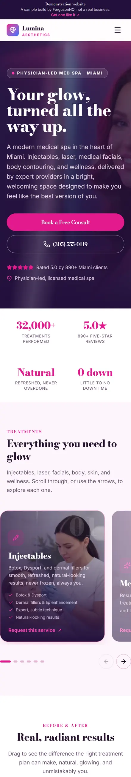 Lumina Aesthetics website on a phone