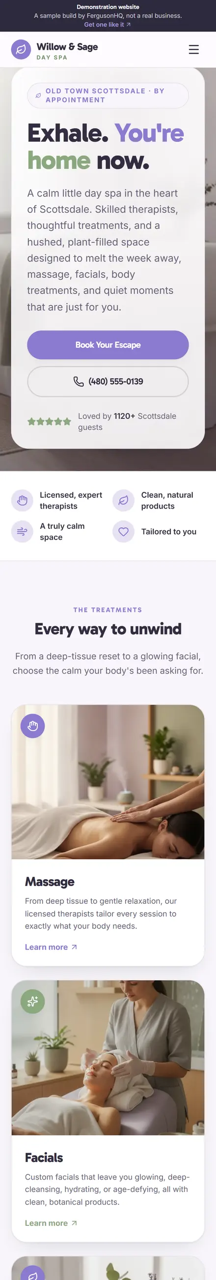 Willow & Sage Day Spa website on a phone