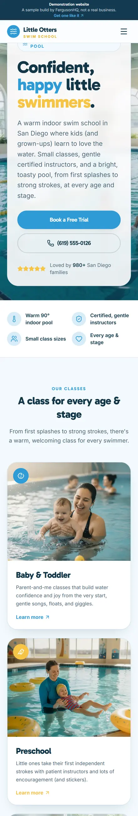 Little Otters Swim School website on a phone