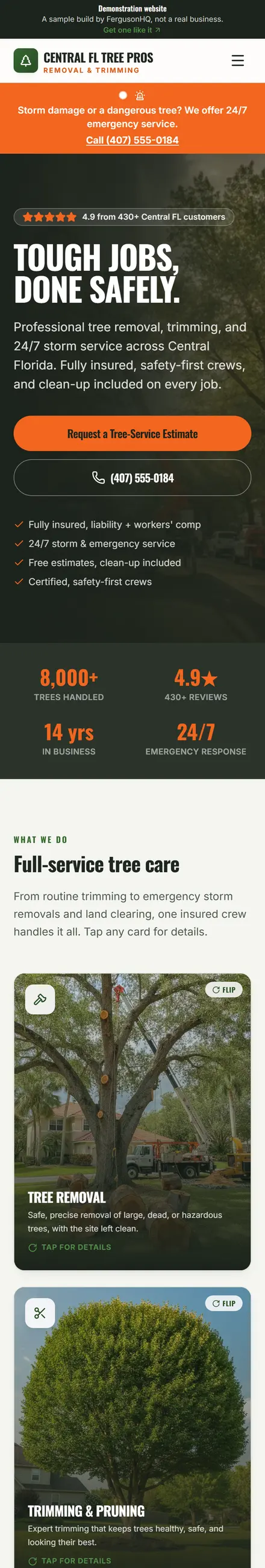 Central Florida Tree Pros website on a phone