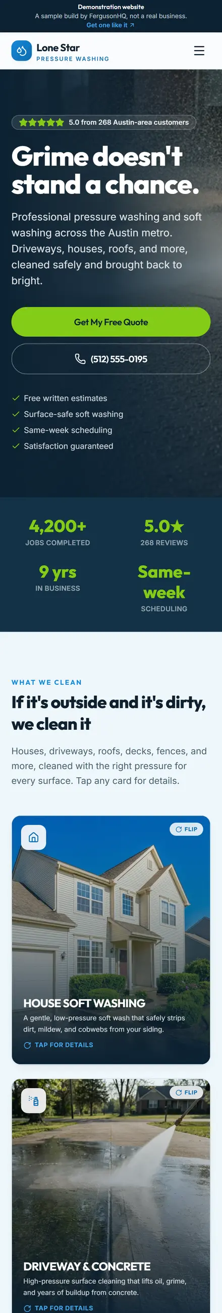 Lone Star Pressure Washing website on a phone