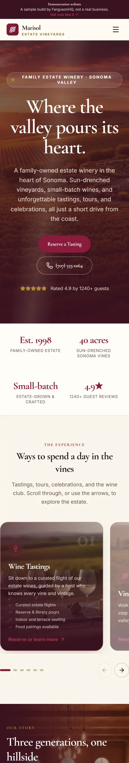 Marisol Estate Vineyards website on a phone
