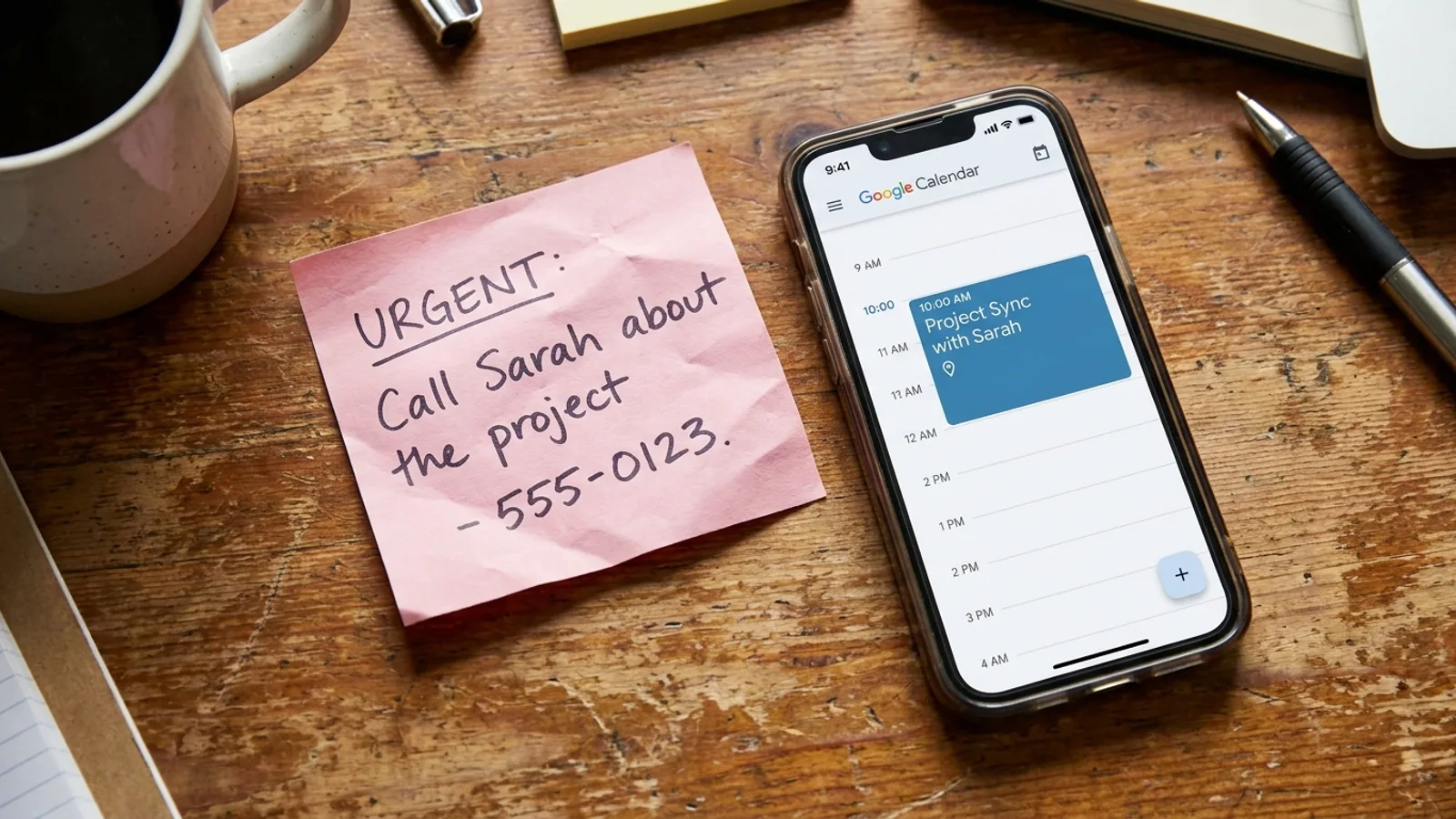 A message slip next to a booked appointment on a calendar