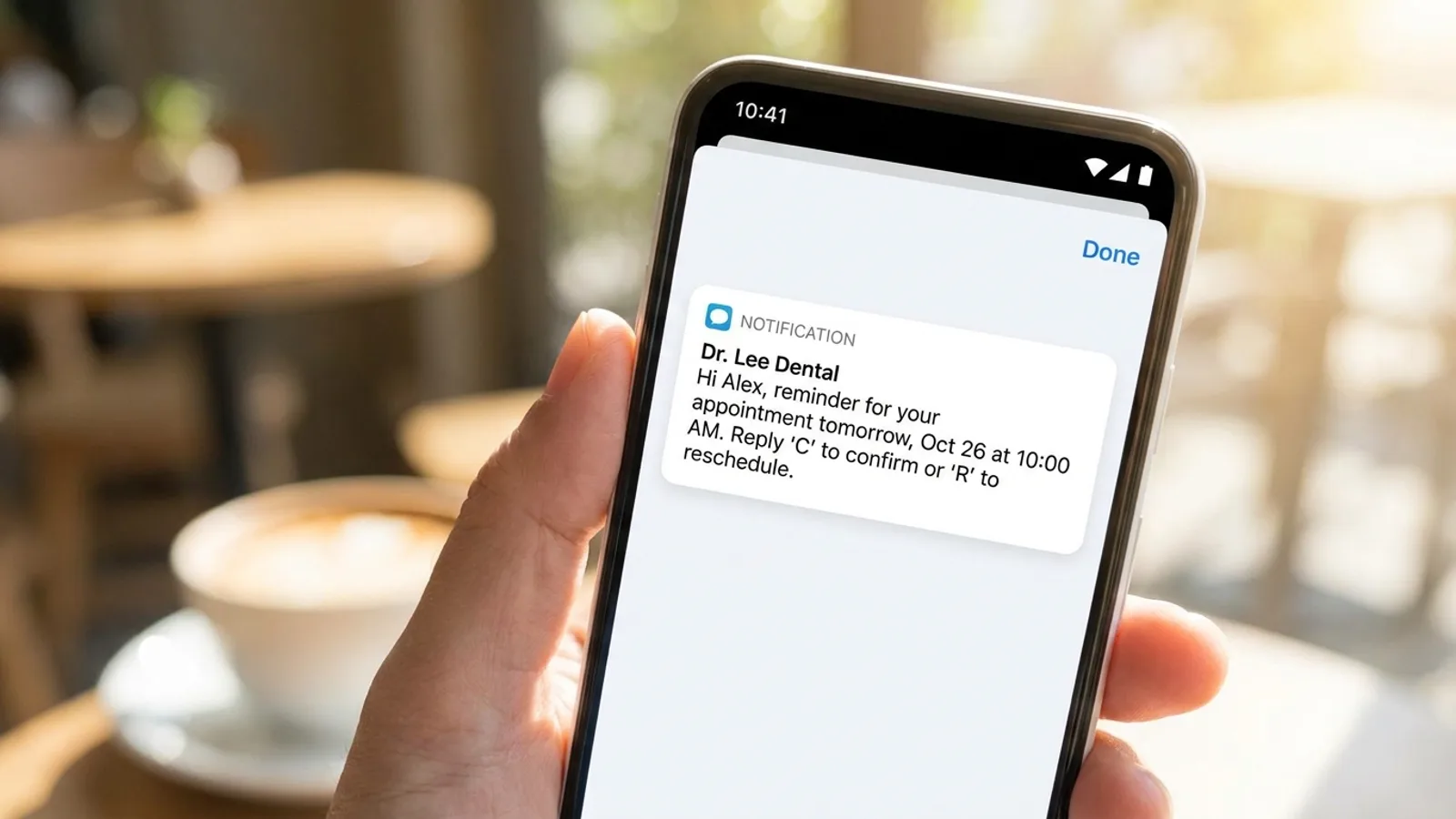 An appointment reminder text arriving on a customer's phone