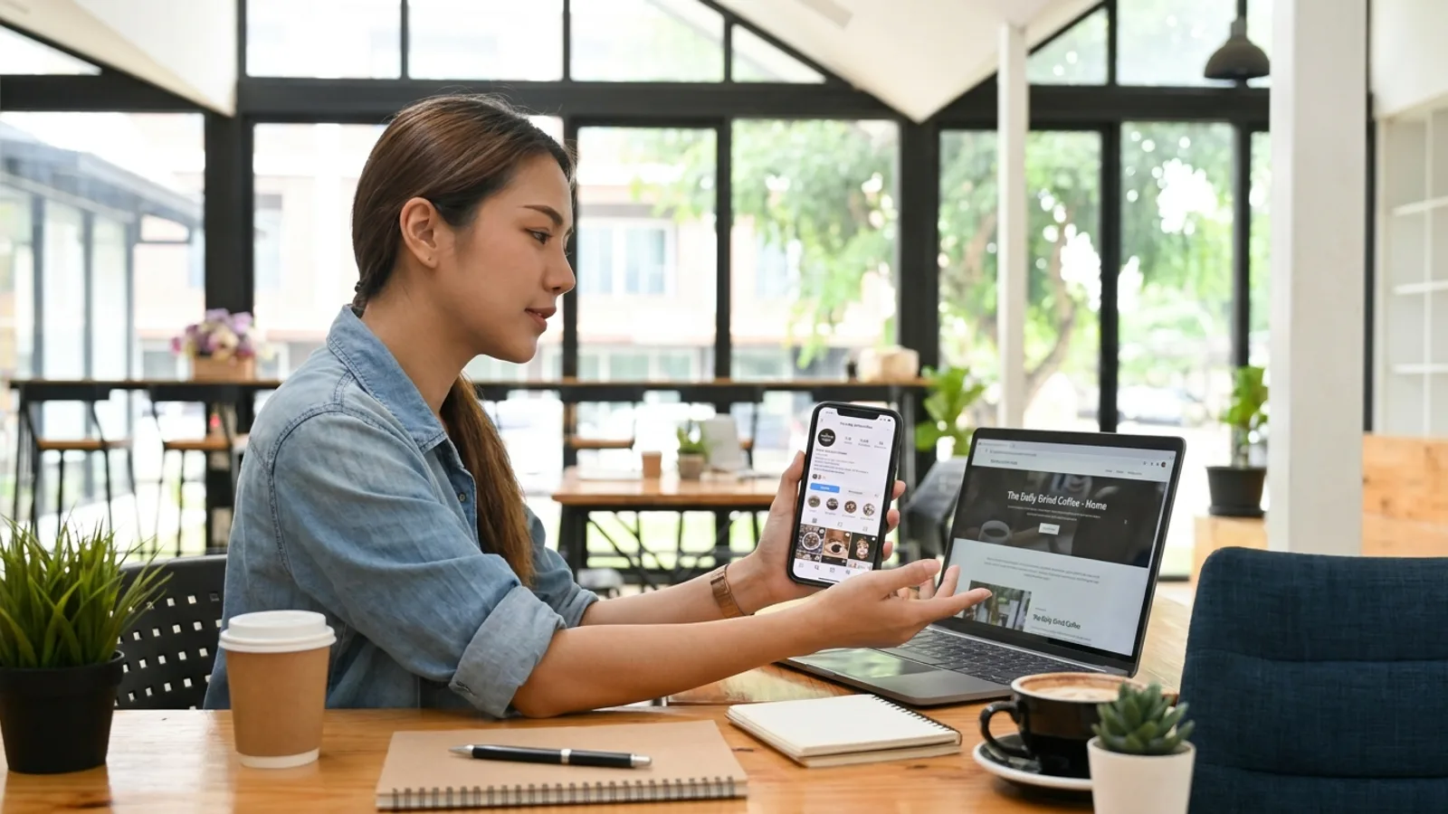 A small business owner comparing a social page and a real website