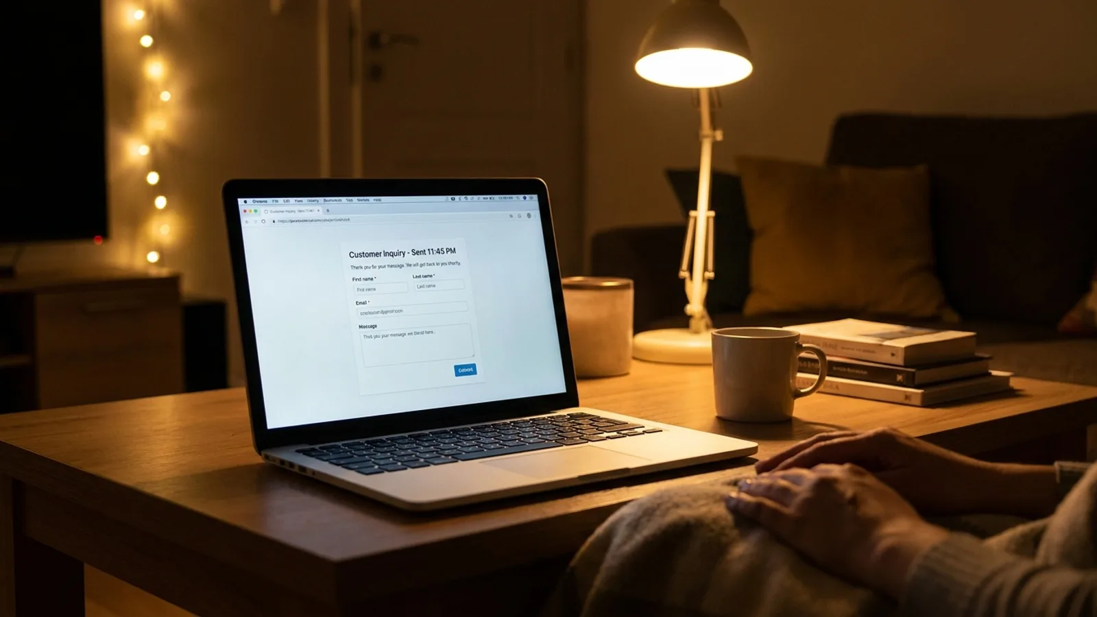 A website capturing a customer inquiry late at night