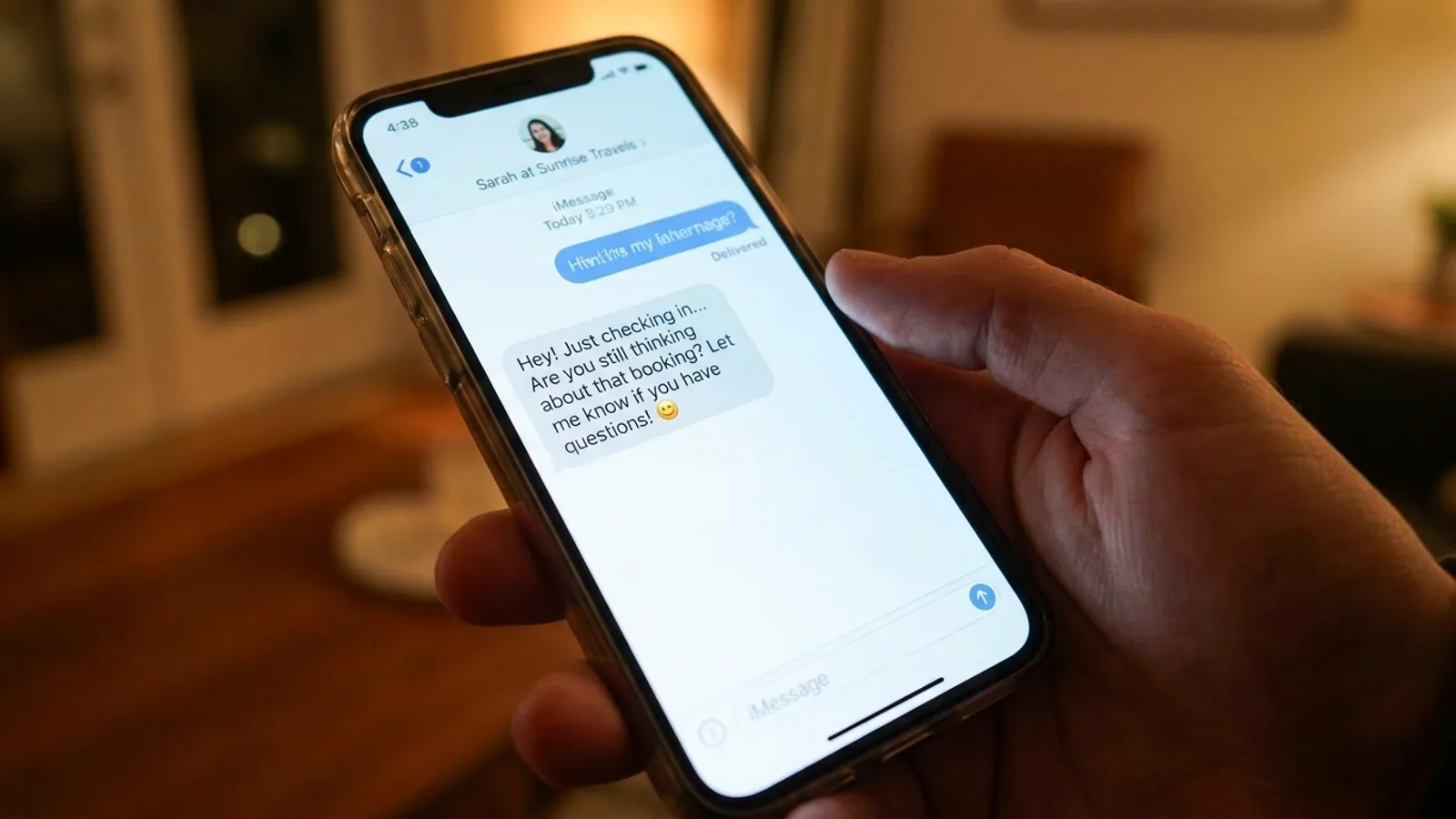 A friendly follow-up text nudging an undecided lead to book