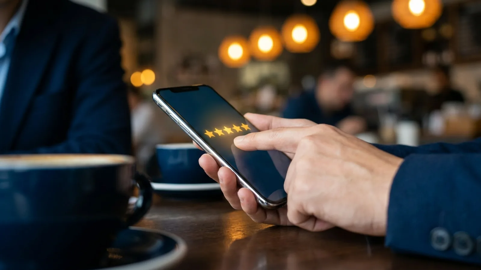 Customer leaving a five-star Google review on a phone