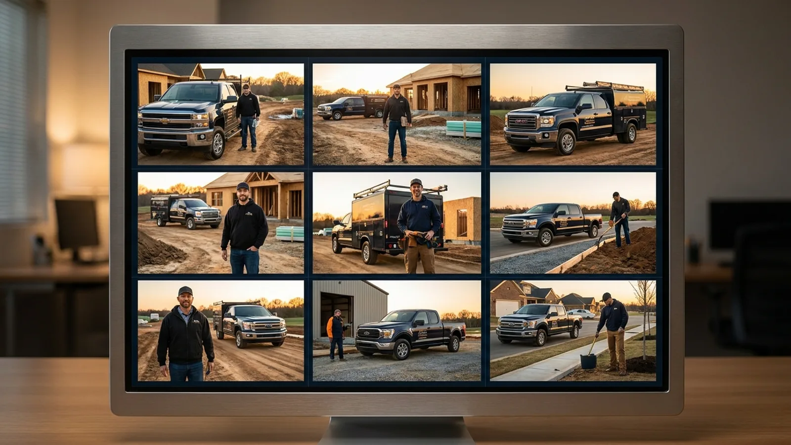 Real photos of a service business team and trucks on a profile