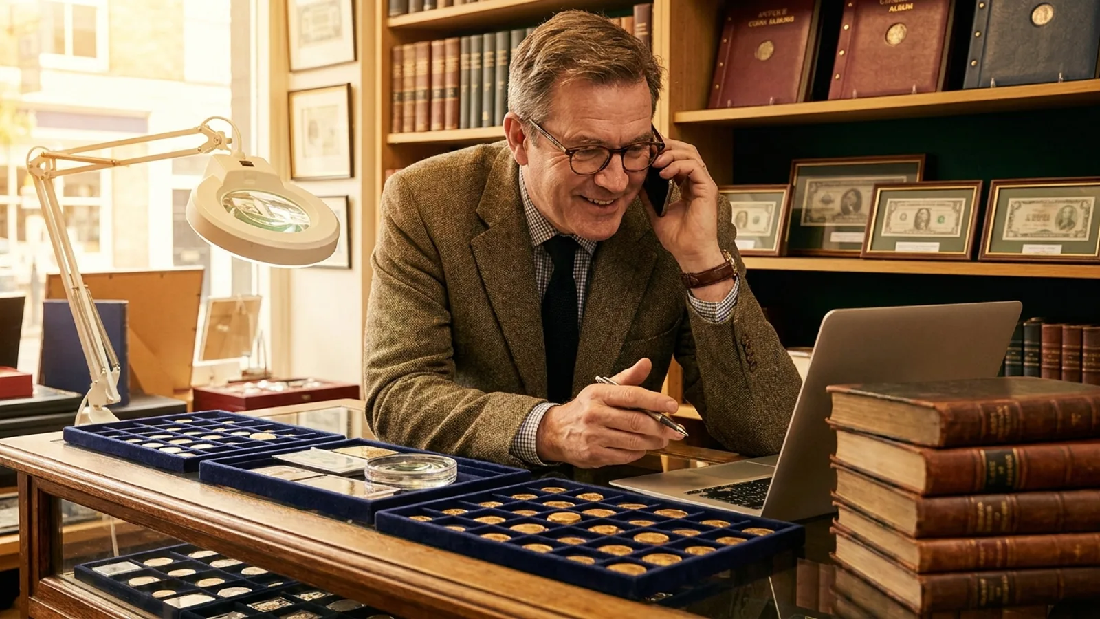 A coin dealer responding quickly to a high-value seller inquiry