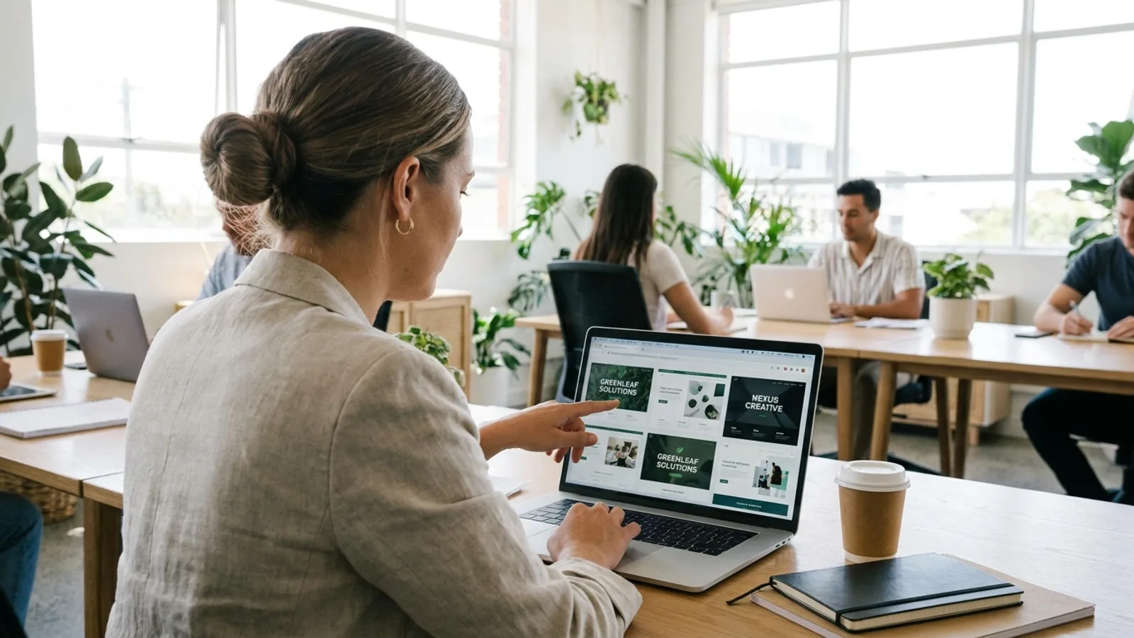 A local business owner reviewing web designer portfolios on a laptop