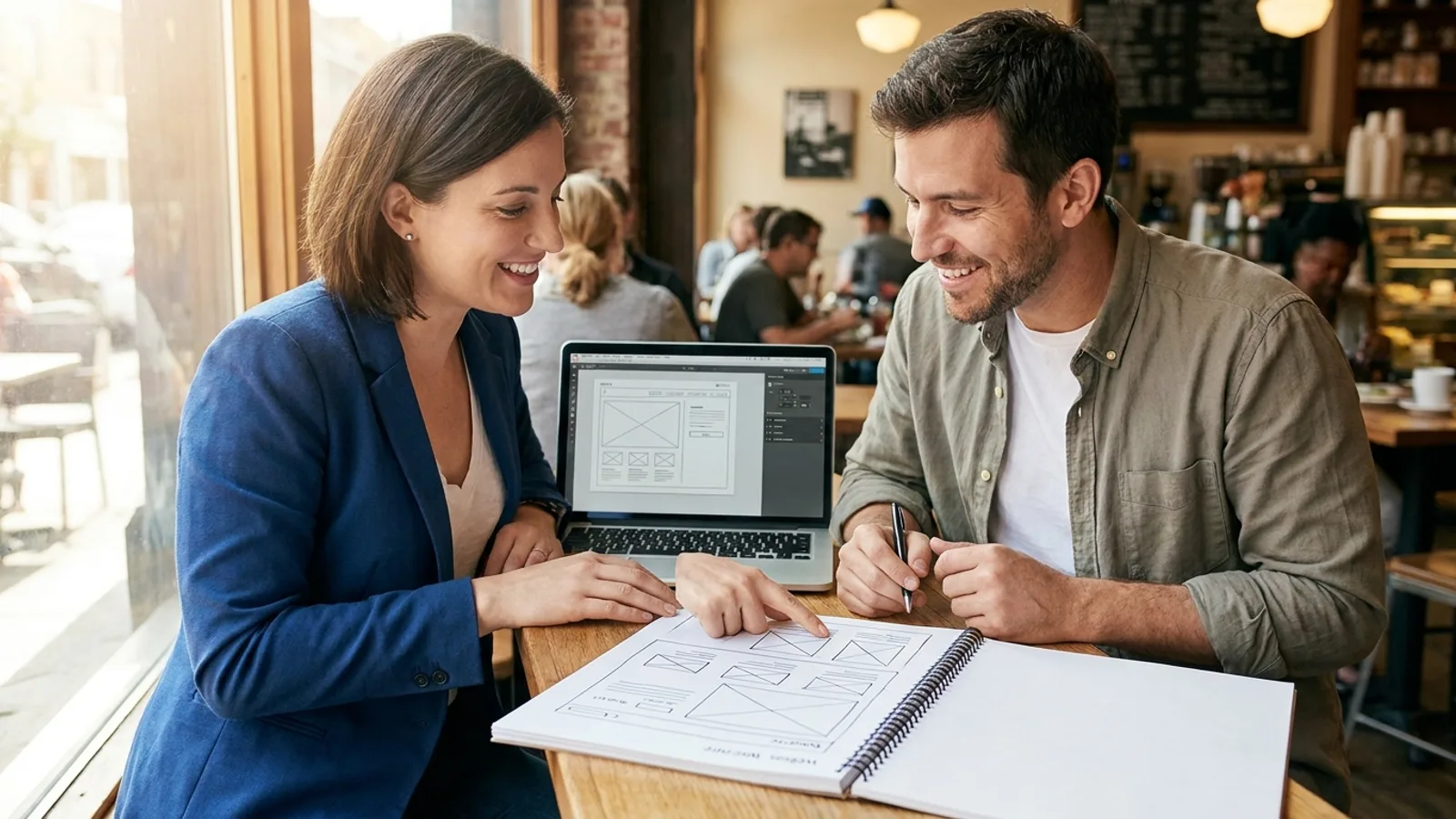 A web designer and business owner planning a site together