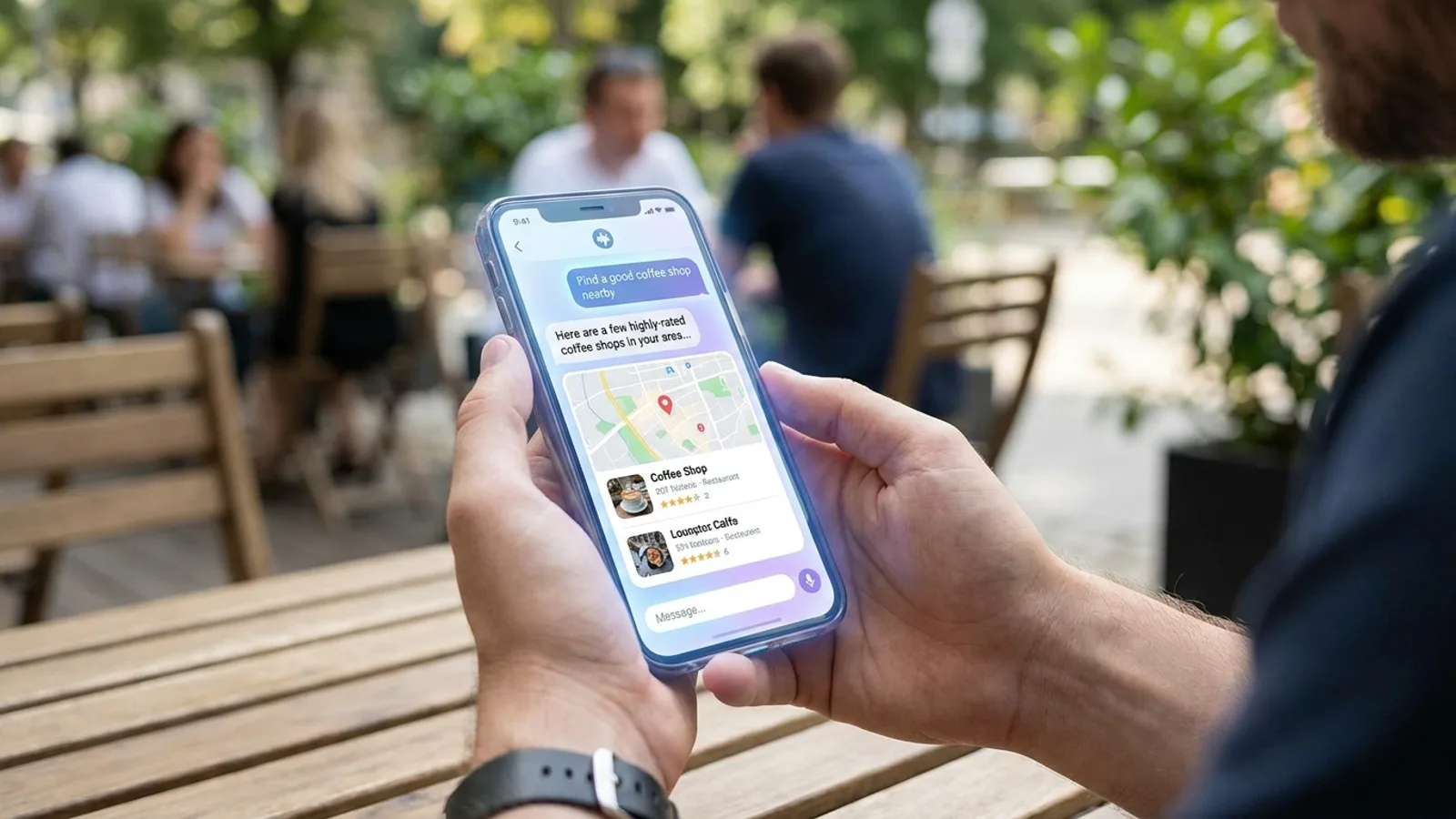 A customer asking an AI assistant for a local business recommendation