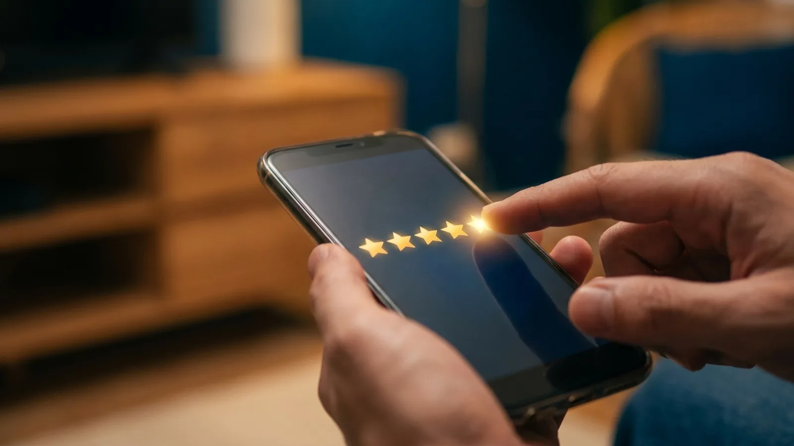 A happy customer leaving a five-star review on a phone after a completed job