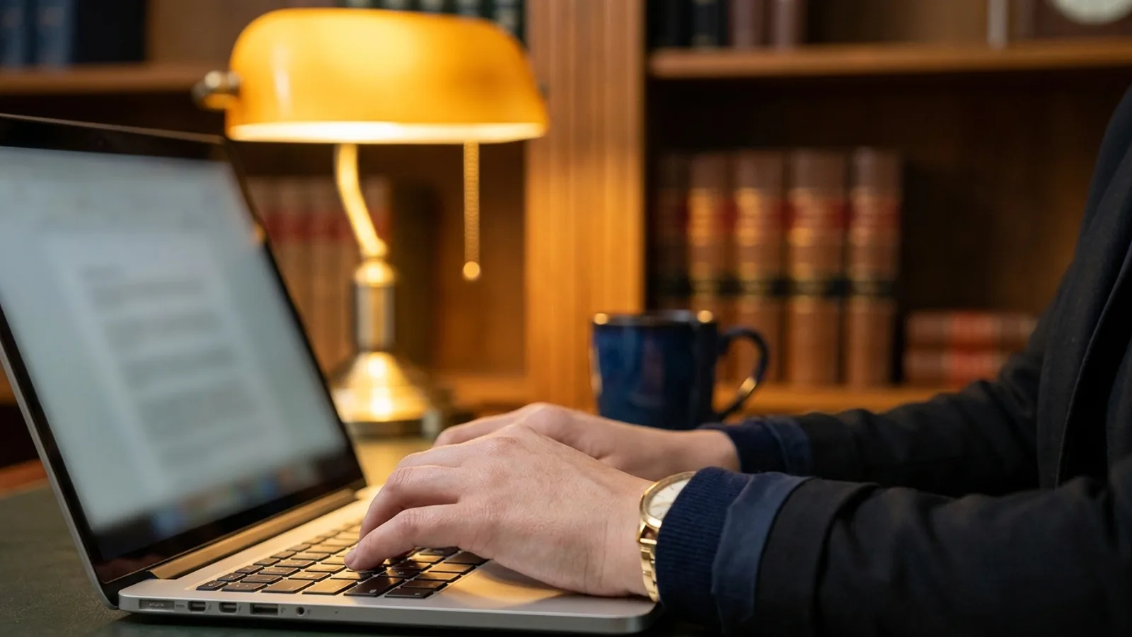 A business owner calmly typing a reply to a review on a laptop