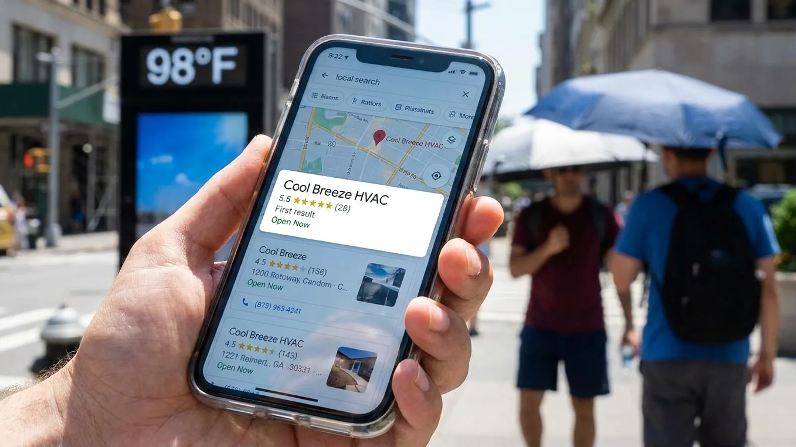 An HVAC company ranking at the top during a summer heat wave search