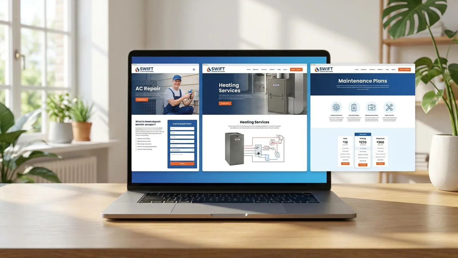 A fast HVAC website with AC, heating, and maintenance pages on a laptop