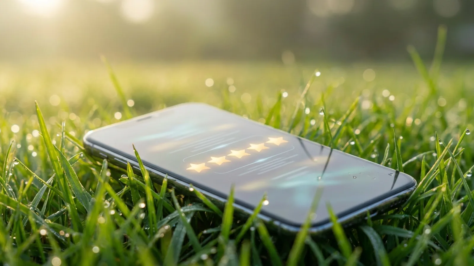 A five-star review on a phone lying in freshly cut grass