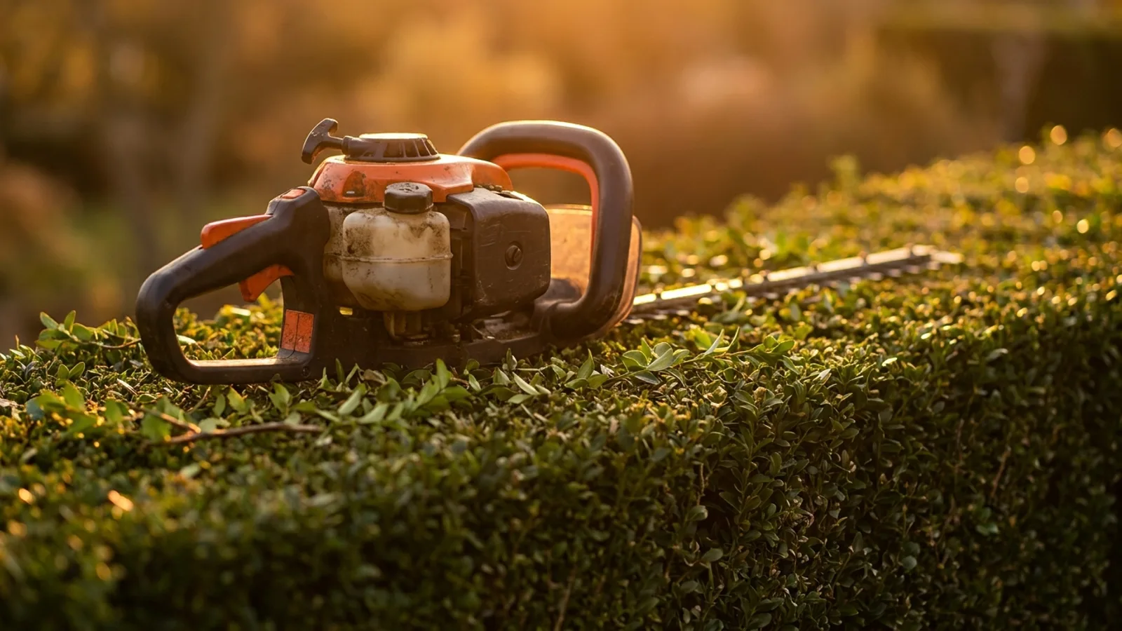 A professionally trimmed hedge at golden hour