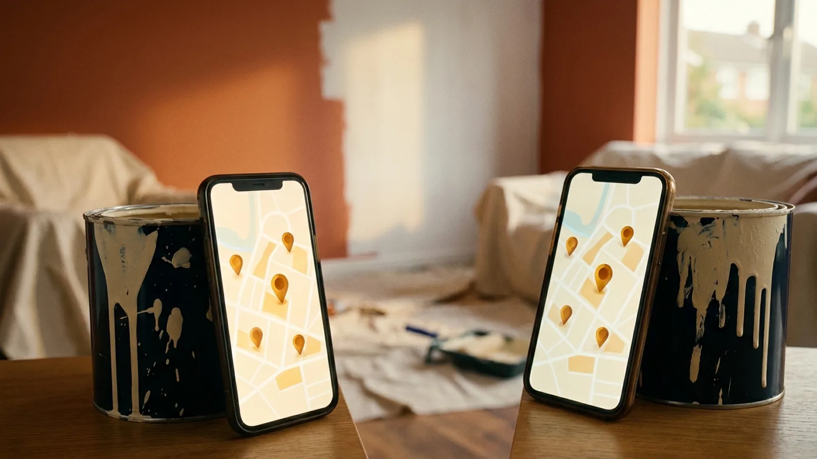 A phone showing local search results propped in a freshly painted room