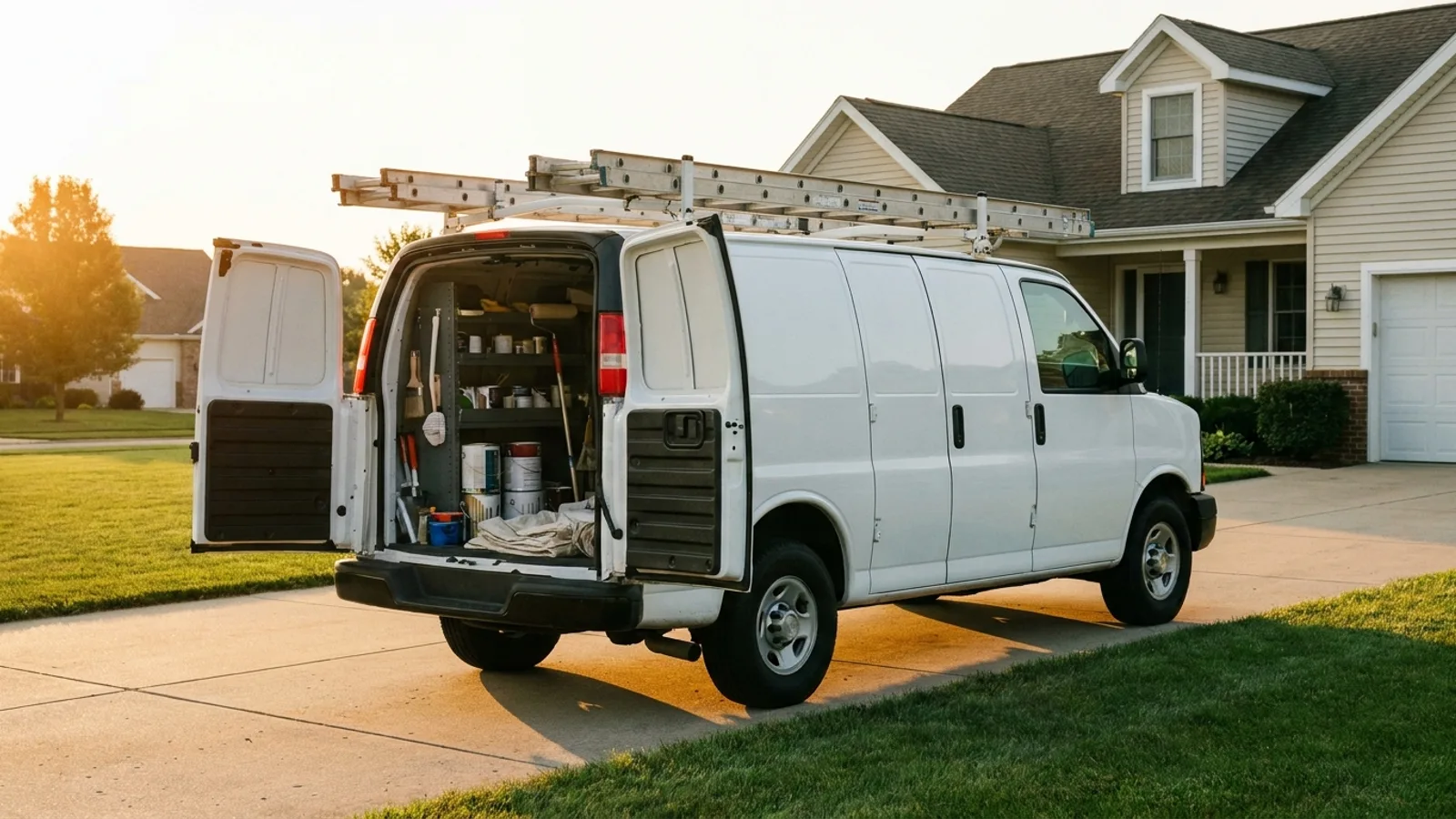 A painting company work van parked at a residential job