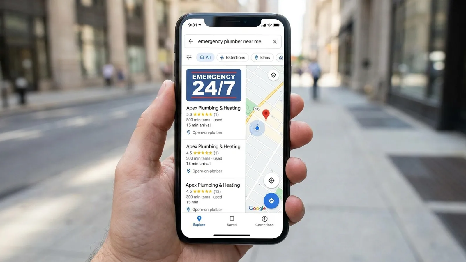 A plumbing company appearing at the top of a local emergency search on a phone
