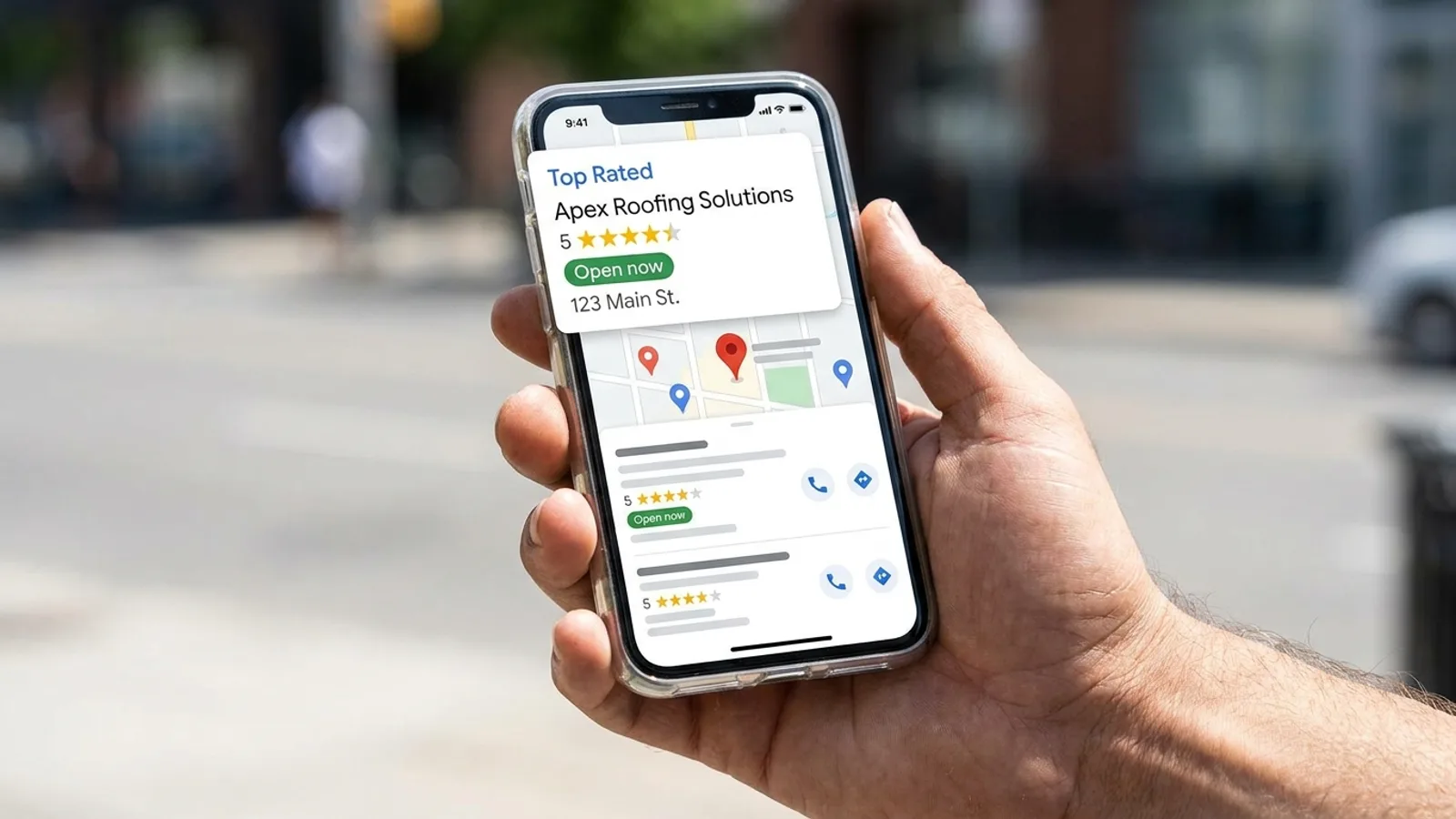A roofing company ranking at the top of a local Google search on a phone