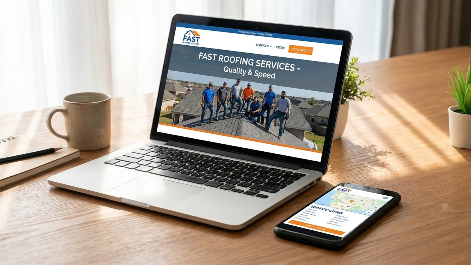 A fast roofing website with clear service and city pages on a laptop and phone