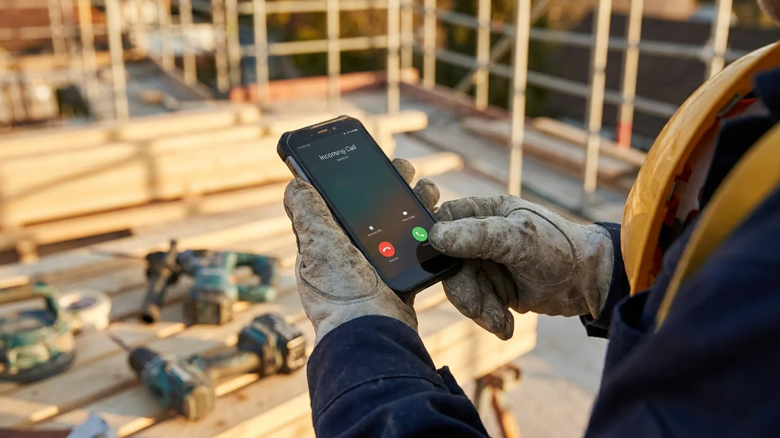 Local business owner answering a customer call quickly on a job site