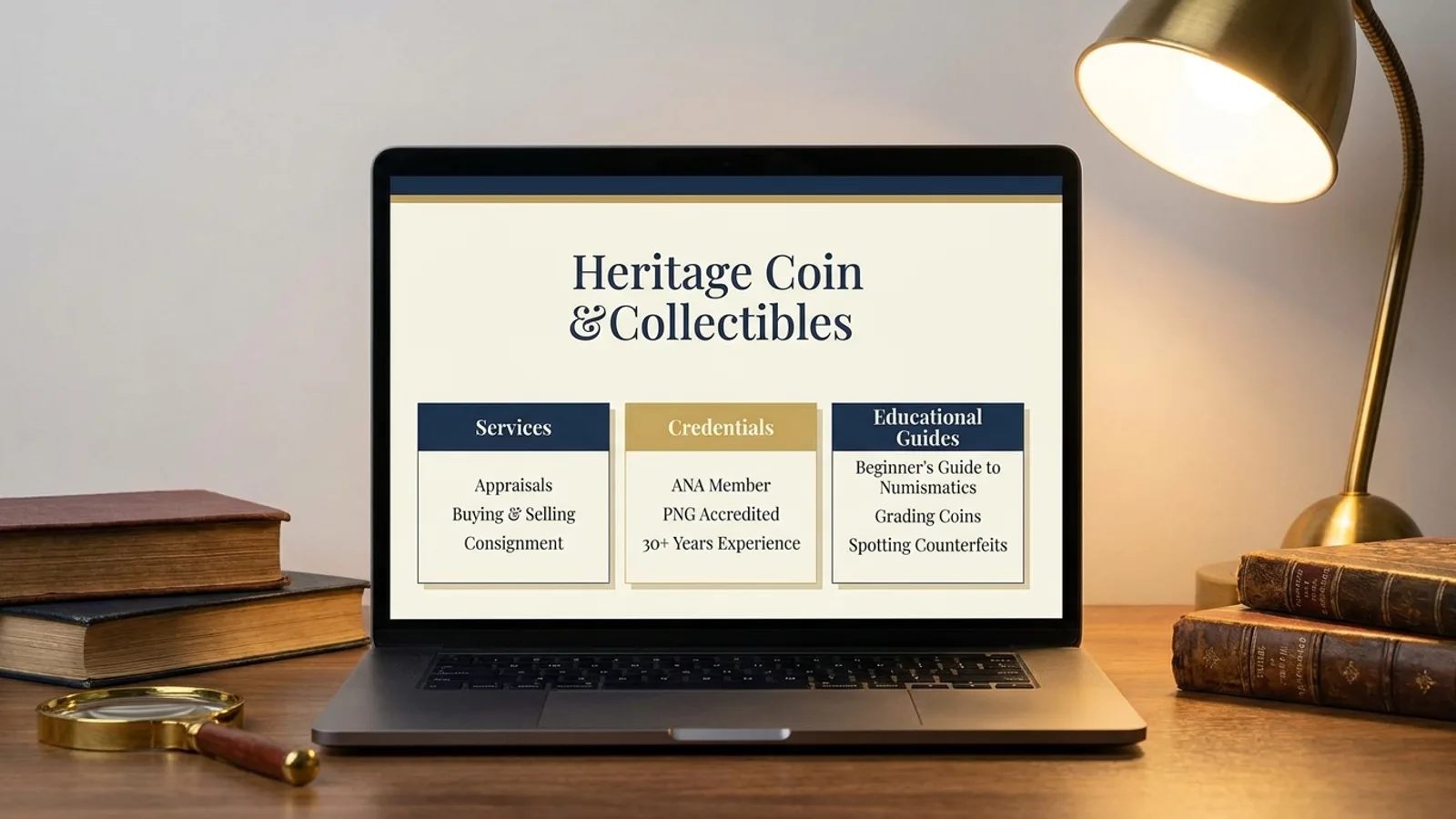 A coin shop website showing services, credentials, and educational guides